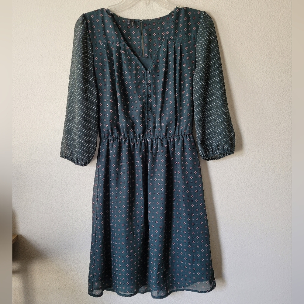Maurices Green Mixed Pattern Dress Sheer Lined Long Sleeve